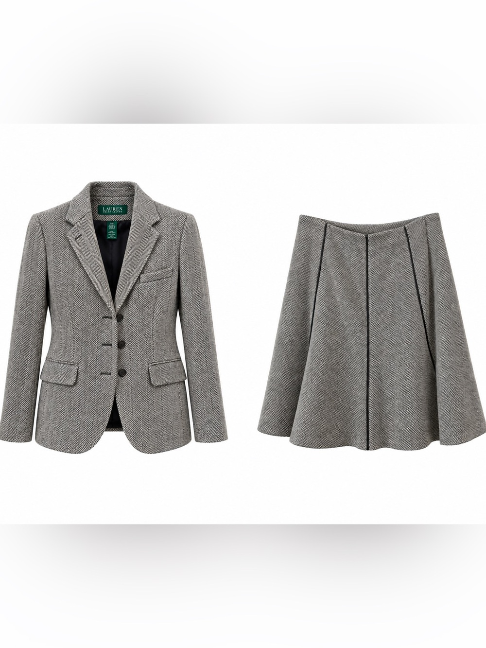 Lauren Ralph Lauren Grey Herringbone Blazer and Skirt Set 14P/12